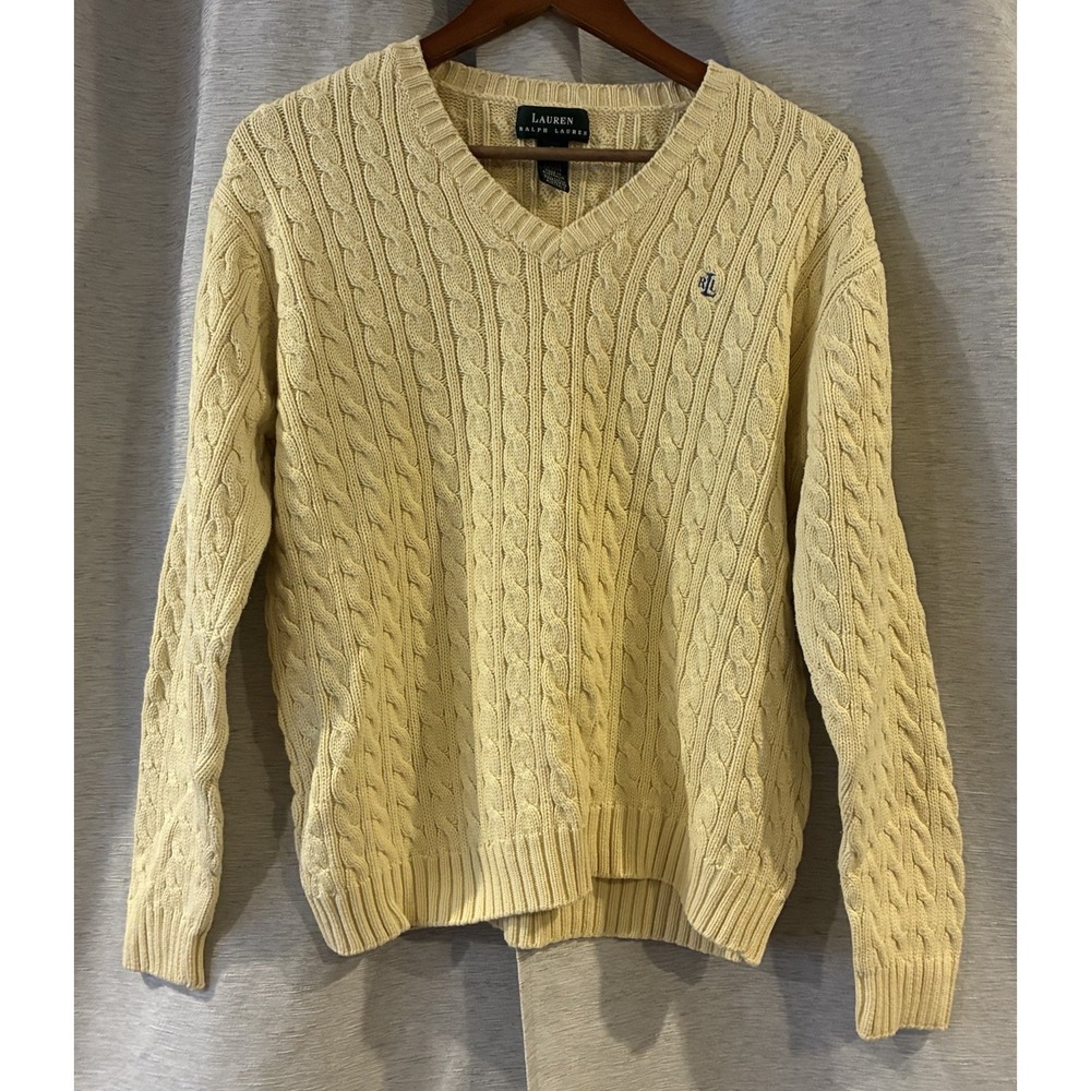 Lauren Ralph Lauren Womens Yellow Cable Knit Oversized V-Neck Sweater Small